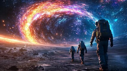 Poster - Explorers journey through a colorful cosmic portal in a mesmerizing 4k space landscape