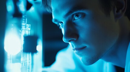 Poster - Young Male Scientist Intensely Studying Blue Lit Laboratory Equipment Glassware Research Experiment Science Technology Innovation Discovery           