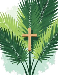 Wall Mural - Minimalist Flat Color Illustration of Palm Fronds with Wooden Cross, Daylight Background with Copy Space for Text