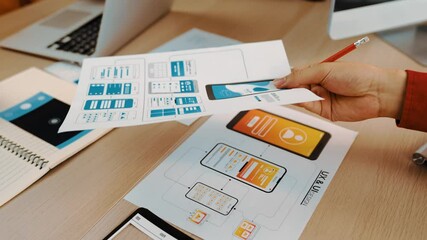 Poster - excellent startup company employee presenting user interface prototype for mobile application to sma