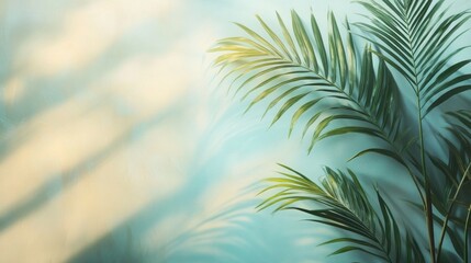 Aufkleber - Vibrant palm leaves gracefully reach towards the soft glow of morning light, creating a peaceful atmosphere against a calming blue backdrop, inviting tranquility and relaxation