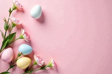 Wall Mural - Pastel Eggs and Delicate Blooms on a Pink Background A Springtime Festive Arrangement