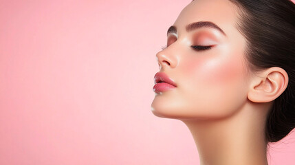 Wall Mural - Woman with a pink background and a pinkish face. She has a light pink lip color