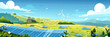 © Strother - Cartoon landscape with solar panels and wind turbines. Renewable energy, sustainable power, green technology, countryside scenery. Fictional Subject