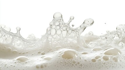 Poster - Milky foam splashing, forming dynamic bubbles against pristine white background, creating textured abstract visual with clean, professional aesthetic