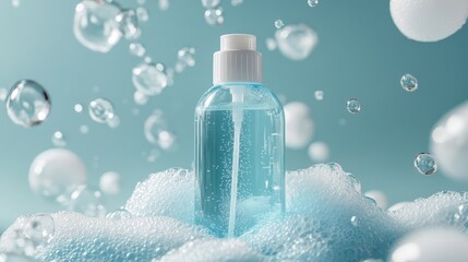 Poster - Transparent cosmetic bottle with white cap resting on sudsy foam, surrounded by floating bubbles against soft blue backdrop, suggesting hygiene and cleanliness