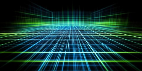 Poster - Futuristic green and blue grid creating digital perspective on black background