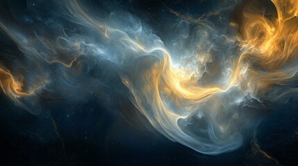 Poster - Vibrant tendrils of light weave through a vast celestial expanse, blending rich blues and fiery golds. This dynamic interplay evokes a sense of cosmic movement and wonder