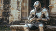 © hdesert - A medieval knight in full plate armor sitting on a stone bench, casually using a modern smartphone, historical and futuristic contrast