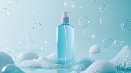 Poster - Light blue liquid inside clear plastic pump bottle, surrounded by foamy white soap suds and floating bubbles against soft blue background