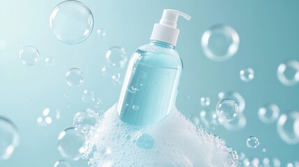 Poster - Transparent pump dispenser bottle emerging from soapy bubbles, white cap visible against light blue background, representing hygiene and cleanliness