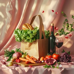 Poster - Artful Still Life with Fresh Produce, Wine, and Rose Petals on Pink Fabric: A Celebration of Healthy Eating and Elegance