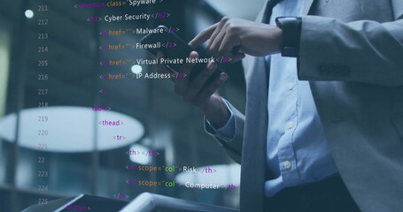 Poster - Image of data processing over caucasian businessman using smartphone