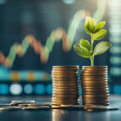 Poster - Financial Growth: Seedling Emerging from Coins with Stock Market Chart Background