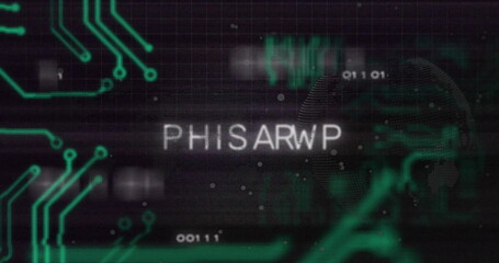 Poster - Image of letters and digital data processing over computer circuit board