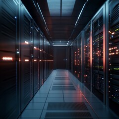 Leinwandbilder - Inside a Modern Data Center: Rows of Servers, Glowing Lights, and Cutting-Edge Technology Infrastructure