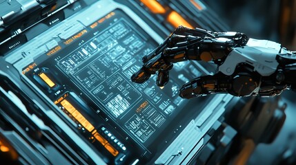 Poster - Robotic Hand Interacting Futuristic Technology Screen Advanced Digital Interface Science Fiction Digital Art Modern Technology Robotic Arm Close Up   