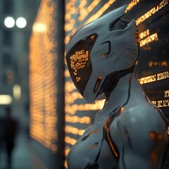 Poster - Concept of a data robot, depicted as a 3D illustration of a military android surrounded by a glowing virtual interface
