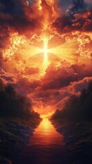 Poster - Golden hues shimmer on the water as a stunning sunset paints the sky with vibrant oranges and purples. The radiant crossover at the horizon ignites a sense of peace and wonder