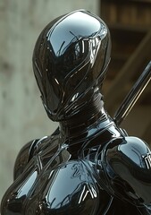 Poster - A cyborg woman from the realm of science fiction stands against a worn concrete wall, grasping a futuristic Japanese samurai sword in one hand, clad in a futuristic black armor suit and helmet, as