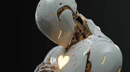 Poster - In a 3D illustration, a female cyborg clad in a shiny black metal armor suit and helmet with luminous red glasses gazes at a glowing butterfly resting on her finger, set against a backdrop of
