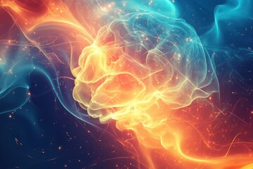 Poster - Colorful abstract representation of a brain with energetic waves in a dark background