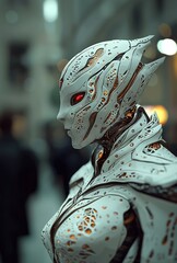 Poster - Concept art depicts a futuristic soldier, a science fiction cyborg female, clad in a shiny black metal armor suit and helmet with red luminous glasses, standing in a night city street
