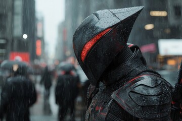Poster - A futuristic soldier, a cyborg woman, is depicted standing in a dark city street lined with retail malls, clad in a sleek black metal armor suit, helmet, and red illuminating spectacles