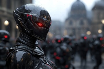 Poster - In a dark city street filled with retail malls, a science fiction cyborg woman illustration shows her wearing a sleek black metal armor suit, a helmet, and spectacles that illuminate in red