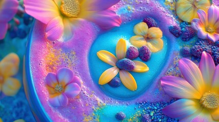 Poster - Colorful Bowl of Fruit and Flowers with Bright Background