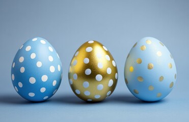 Poster - Three Easter eggs with polka dots, one in gold and two in blue on a light background, soft lighting.