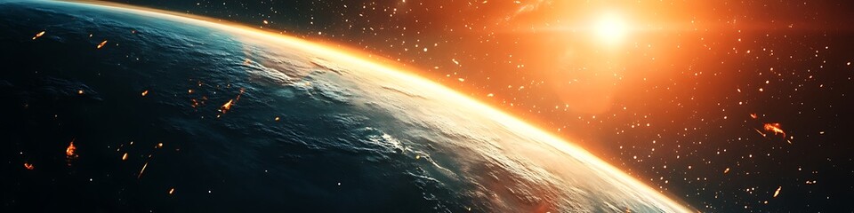 Poster - A cosmic view of a planet's surface with a large area for text