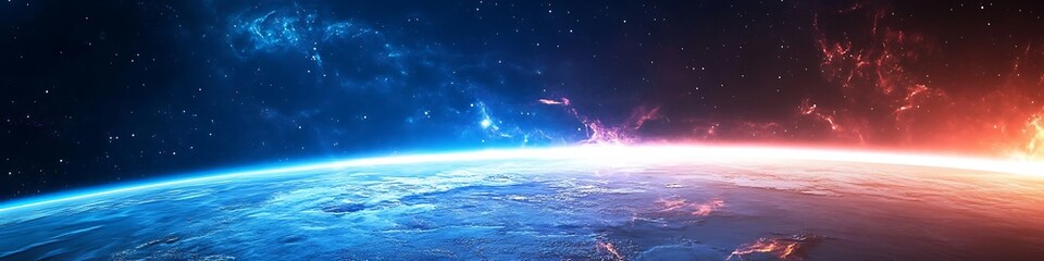 Poster - A cosmic view of a planet's surface with a large area for text