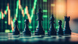 © Олег Чуприна - Close-up view of dark chess pieces lined up on a chessboard with colorful financial chart background