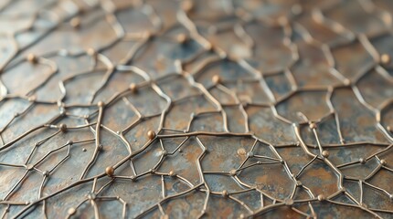 Intricate metallic net pattern with connecting beads creates an abstract textured surface, perfect for backgrounds.