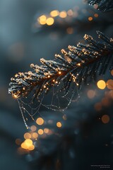 Close up of fine dew covered spider web in the early morning capturing the delicate threads and intricate patterns in natural lighting