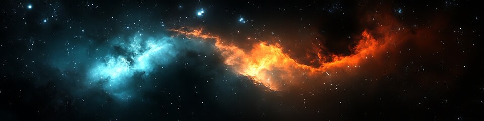Poster - A dark, cosmic nebula with swirling colors and a large text area 