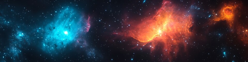 Poster - A dark, cosmic nebula with swirling colors and a large text area 