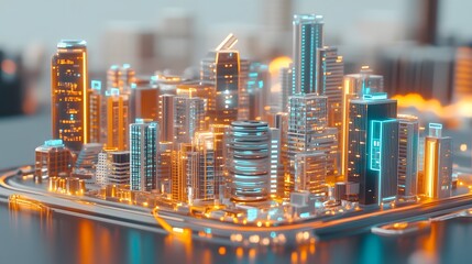 A vibrant, futuristic cityscape model showcasing illuminated skyscrapers against a blurred background
