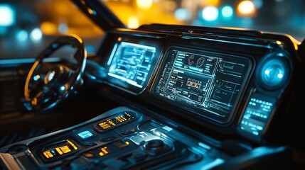 Poster - futuristic car interior dashboard night driving advanced technology illuminated controls digital int