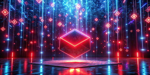Poster - A neon cube hovers above a flat surface while radiant lights cascade around it. The atmosphere is electric and colorful, set in a dimly lit space