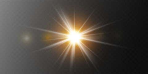 Wall Mural - bright sun shines with warm rays, vector illustration glow gold star on a transparent background. fl