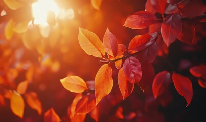 Wall Mural - bright autumn foliage glowing in shades of red and orange, softly illuminated by warm natural sunlig