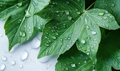 Wall Mural - Bright green leaves with water droplets scattered across a clean white background, soft natural light enhancing their vibrant tones and organic feel