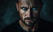 © Galina - Intense portrait of a man with piercing blue eyes and a rugged expression, softly lit to capture depth and emotion against a moody background