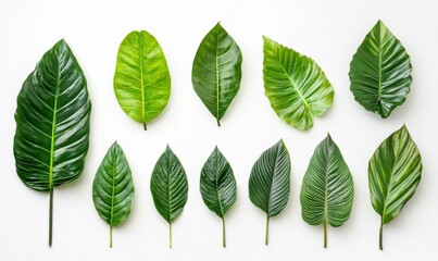 Wall Mural - lush green tropical leaves arranged against a clean white background, softly illuminated to enhance 