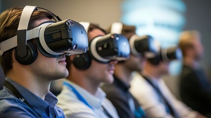 Poster - Young Professionals Immersive Virtual Reality Experience Headset Technology Future Innovation Business Meeting Conference Modern Workplace Digital    
