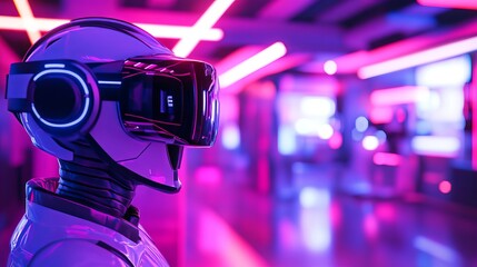 Poster - futuristic virtual reality headset neon lights cyberpunk style digital art modern technology innovat