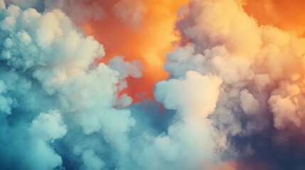 Poster - A mesmerizing display of clouds swirls together in the sky, showcasing vibrant shades of orange and blue. The light softly dances on the cotton-like forms, creating an ethereal atmosphere