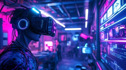 Poster - Futuristic Virtual Reality Headset Neon Lights Cyberpunk Gamer Digital Art Metaverse Technology Immersive Experience Advanced Gaming Headgear Modern  